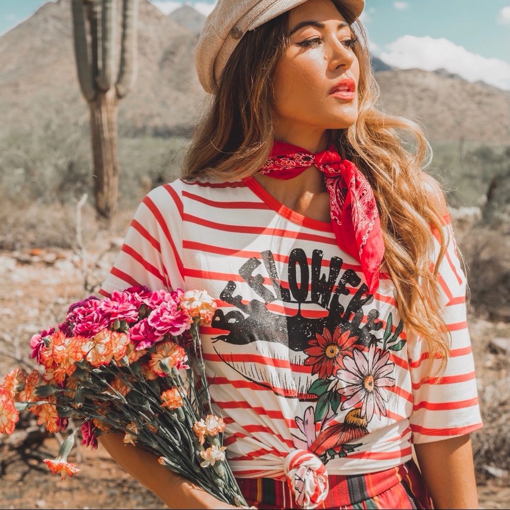“Be Flowery” Striped Graphic Tee